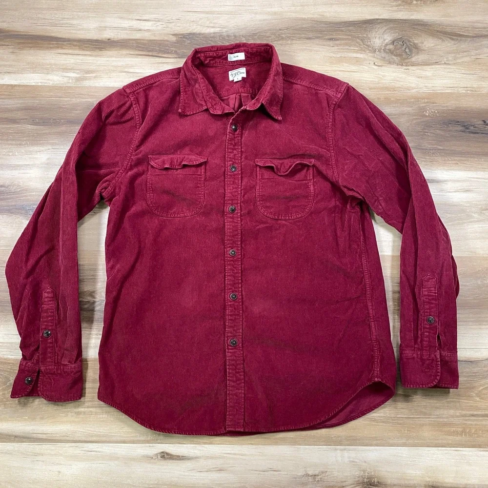 J. Crew Corduroy Work Shirt Mens L Slim Heritage Cotton Chest Pockets Burgundy